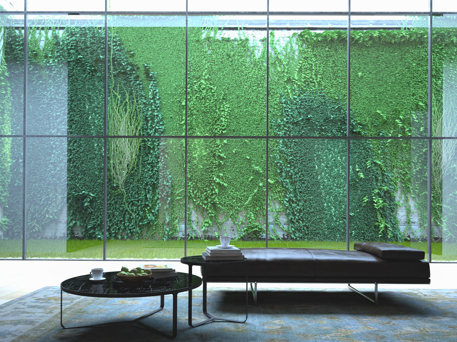 Inside of a luxury house facing the glass window with vines